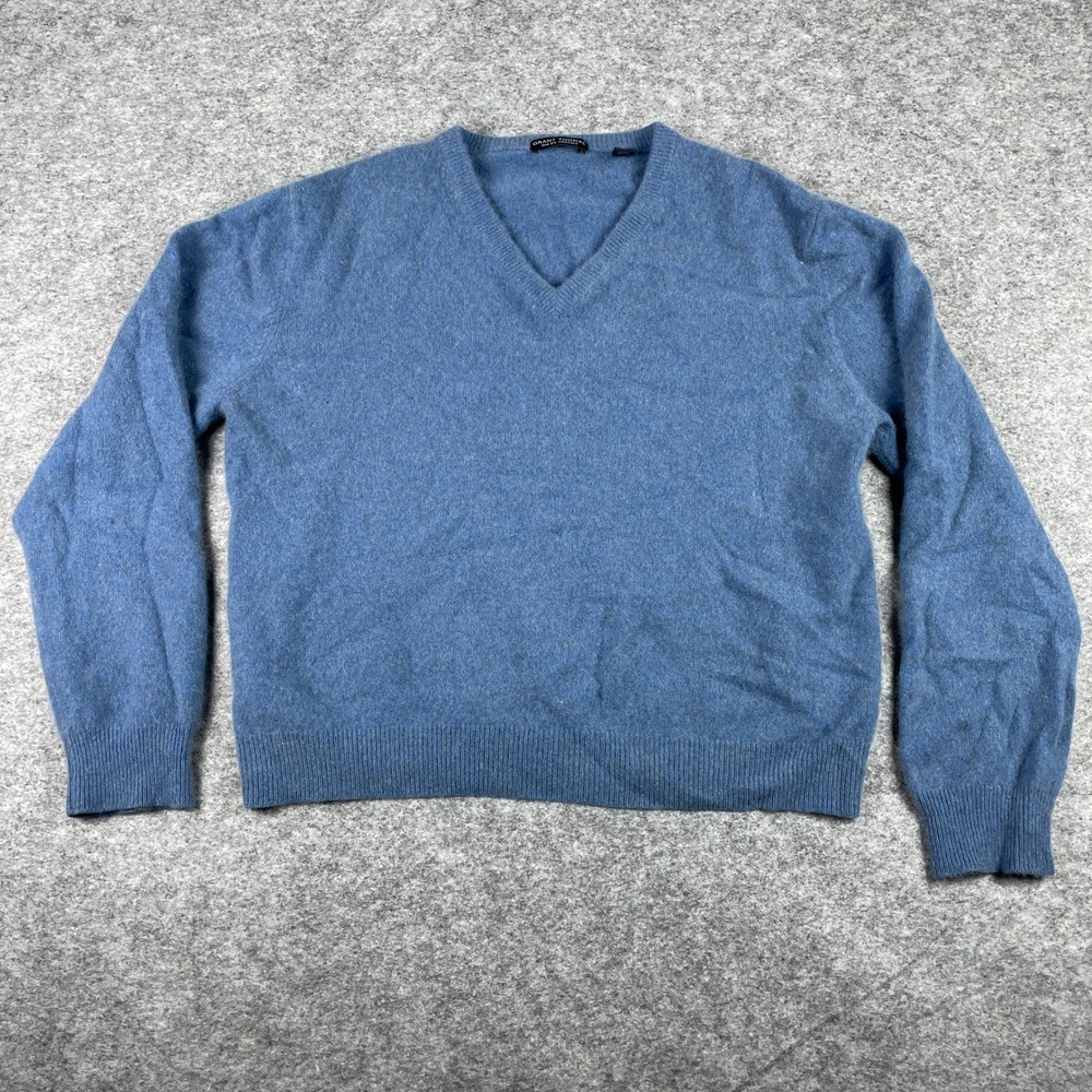 VTG Grant Thomas Sweater Mens XL Blue 100% Cashmere Two Ply V-Neck Pullover